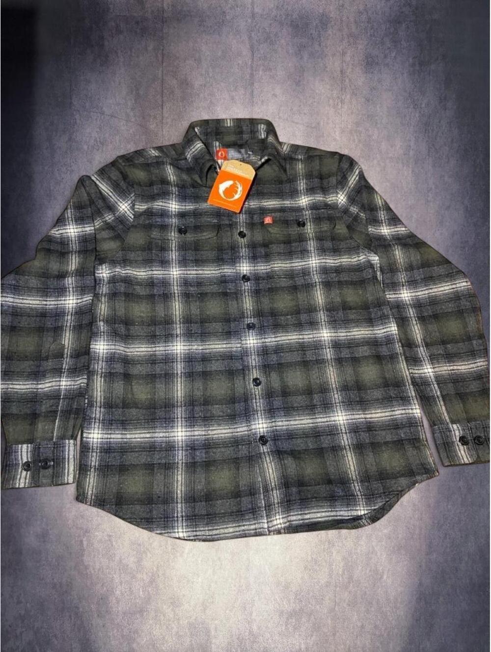 NWT American Outdoorsman flannel shirt in green, white, and black plaid